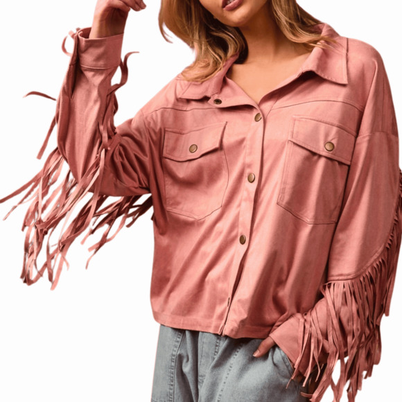 BiBi Suede Fringe Long Sleeve Jacket-Medium - Picture 1 of 10